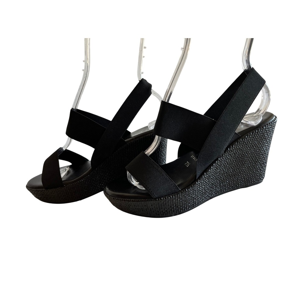 Italian Shoemakers Black Elastic Strappy Wedge Sandals Textured Platform 7.5